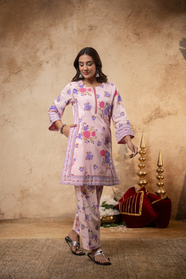 Pink Cotton Dobby Co-Ord Set with Lace Work