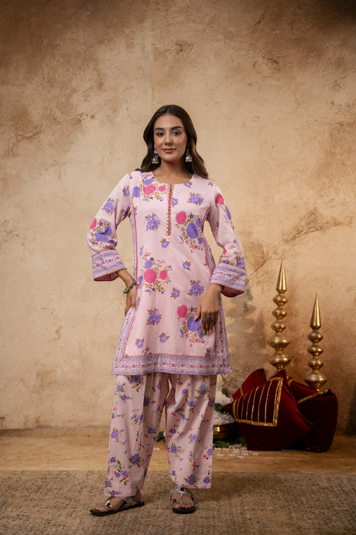 Pink Cotton Dobby Co-Ord Set with Lace Work