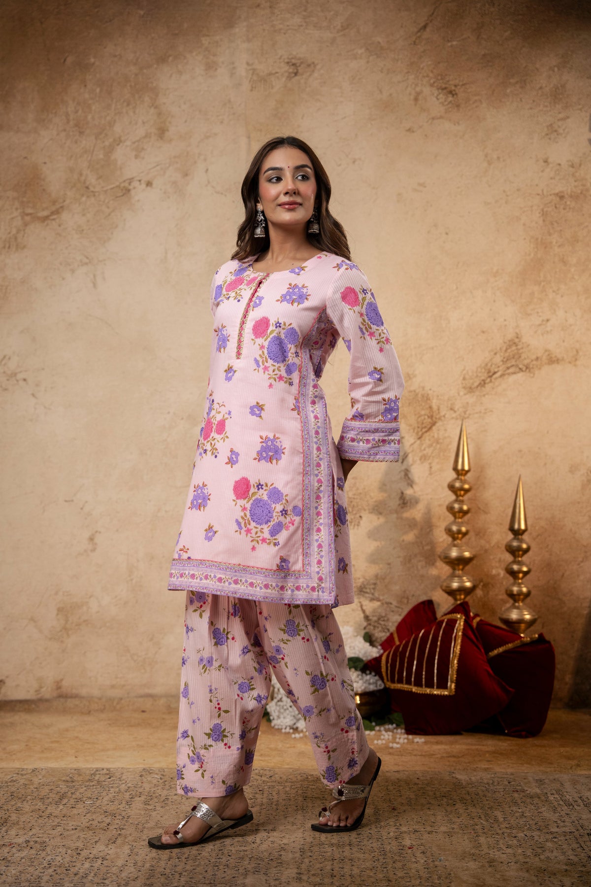 Pink Cotton Dobby Co-Ord Set with Lace Work