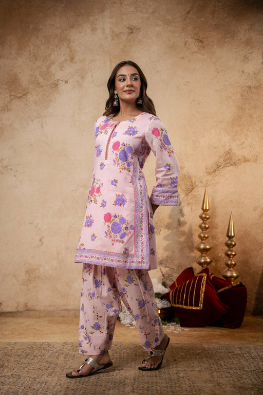 Pink Cotton Dobby Co-Ord Set with Lace Work