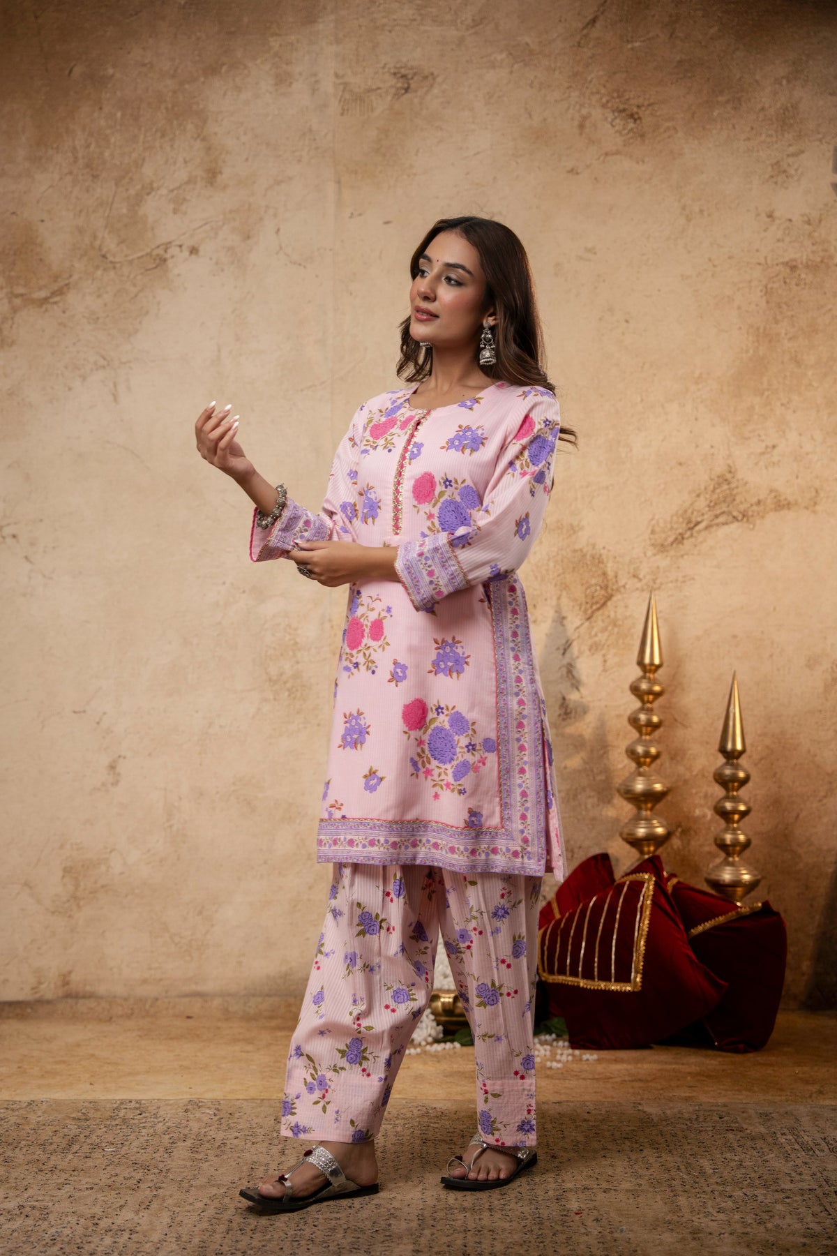 Pink Cotton Dobby Co-Ord Set with Lace Work