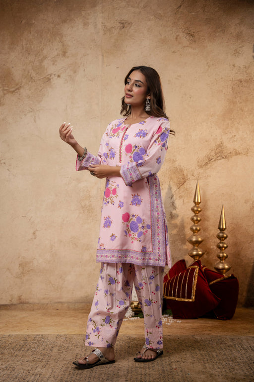 Pink Cotton Dobby Co-Ord Set with Lace Work