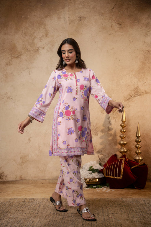 Pink Cotton Dobby Co-Ord Set with Lace Work