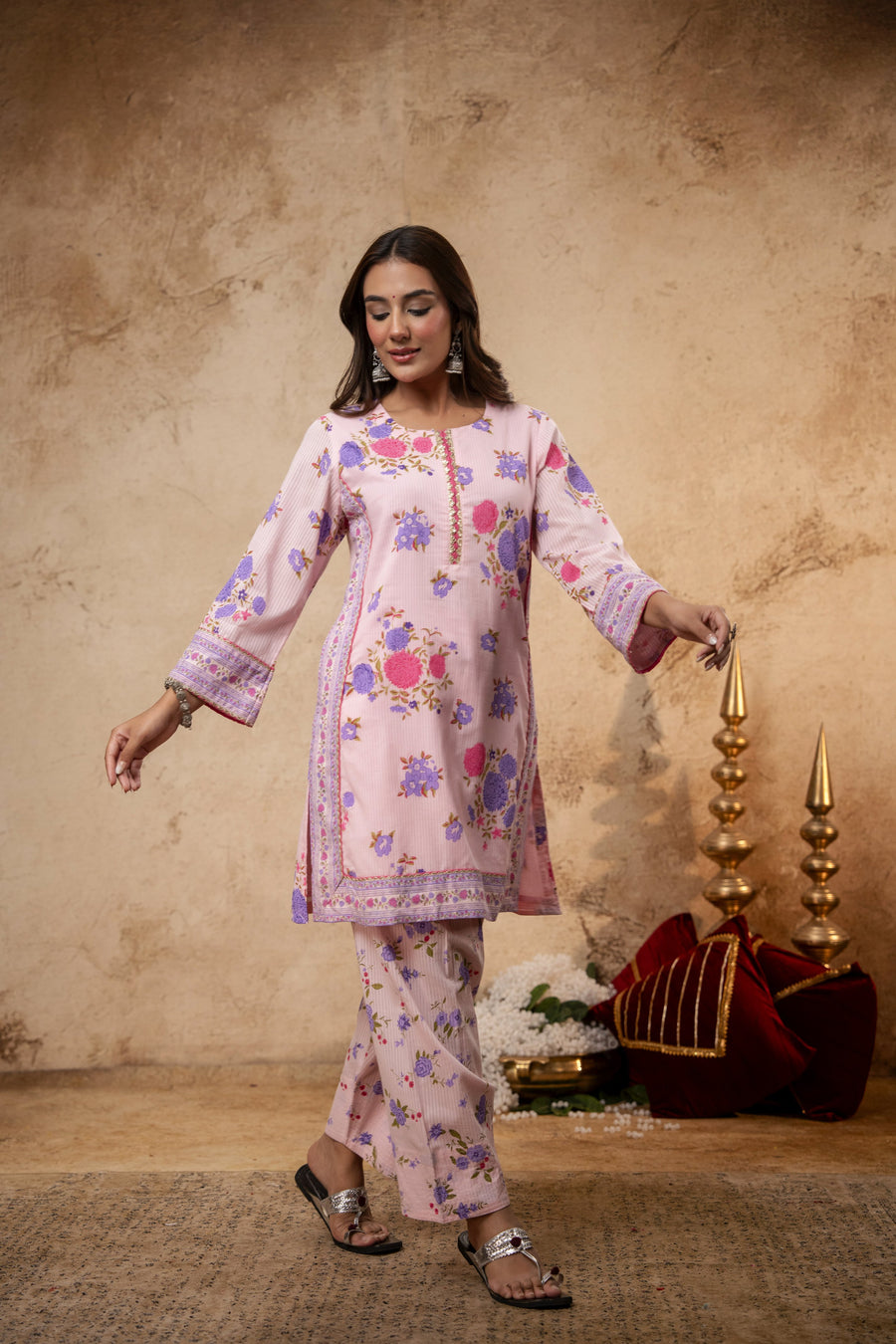 Pink Cotton Dobby Co-Ord Set with Lace Work