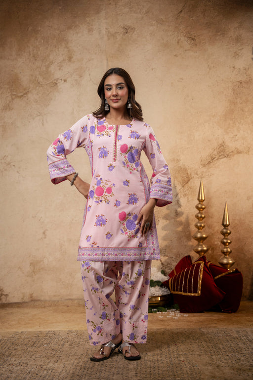 Pink Cotton Dobby Co-Ord Set with Lace Work