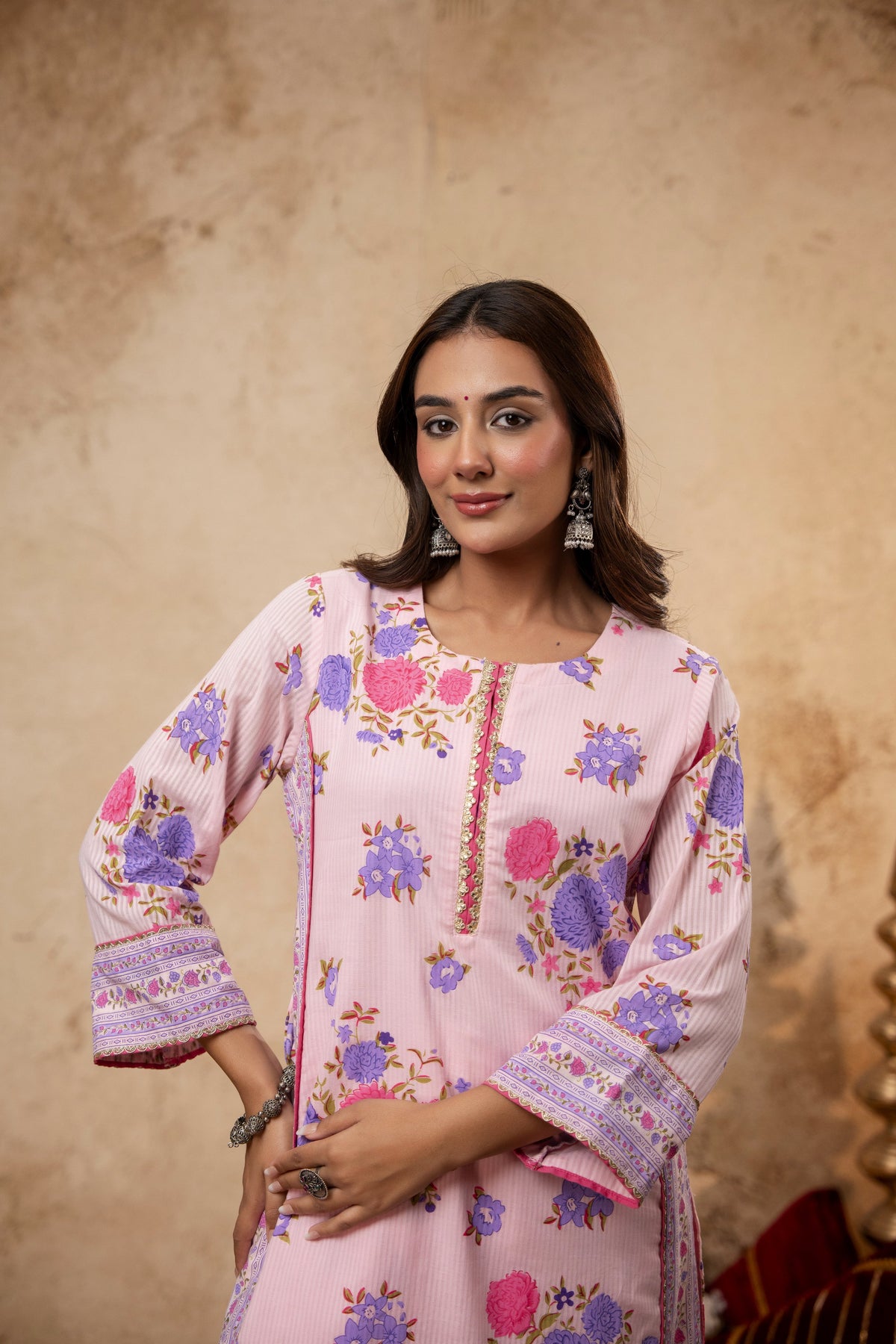 Pink Cotton Dobby Co-Ord Set with Lace Work