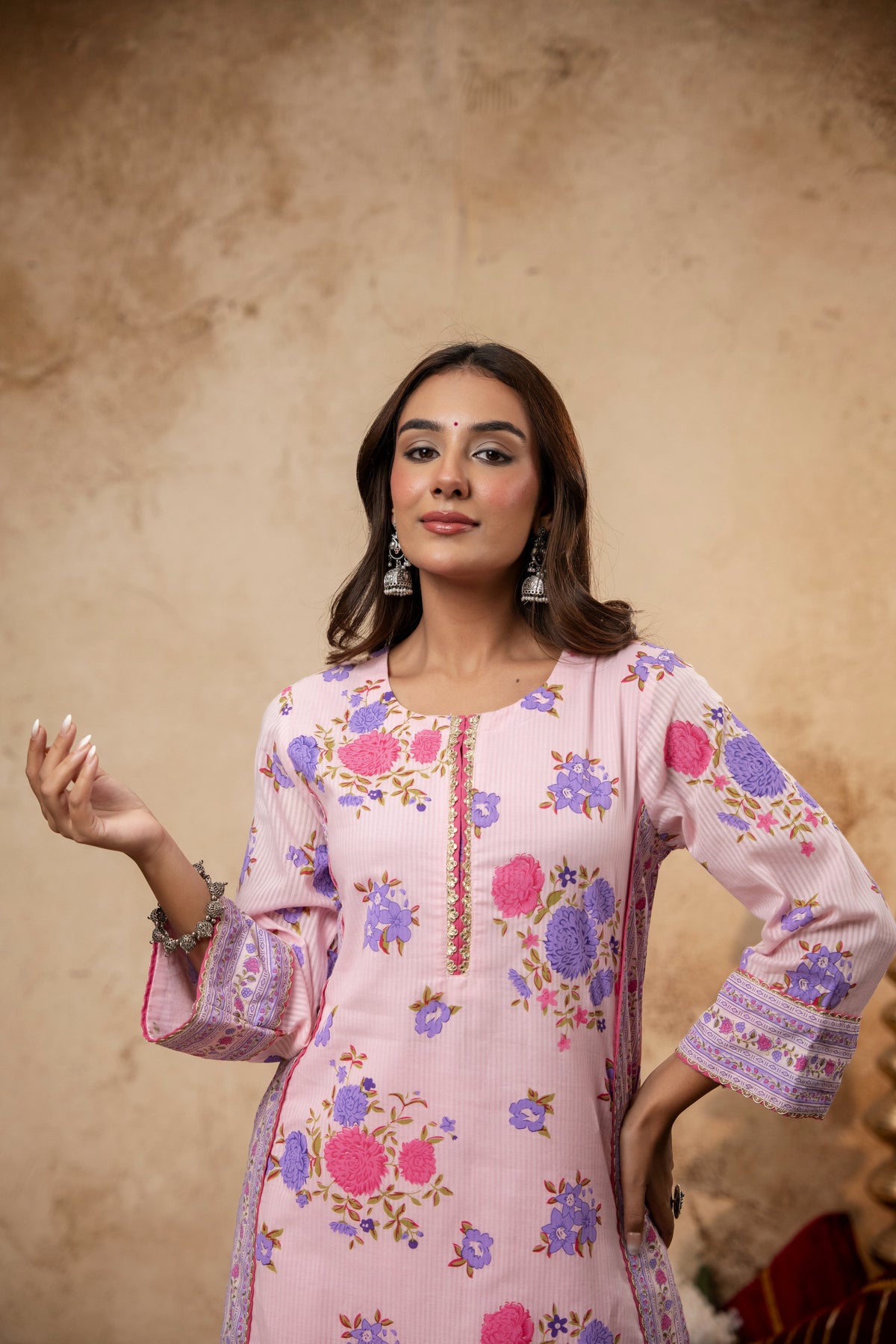Pink Cotton Dobby Co-Ord Set with Lace Work