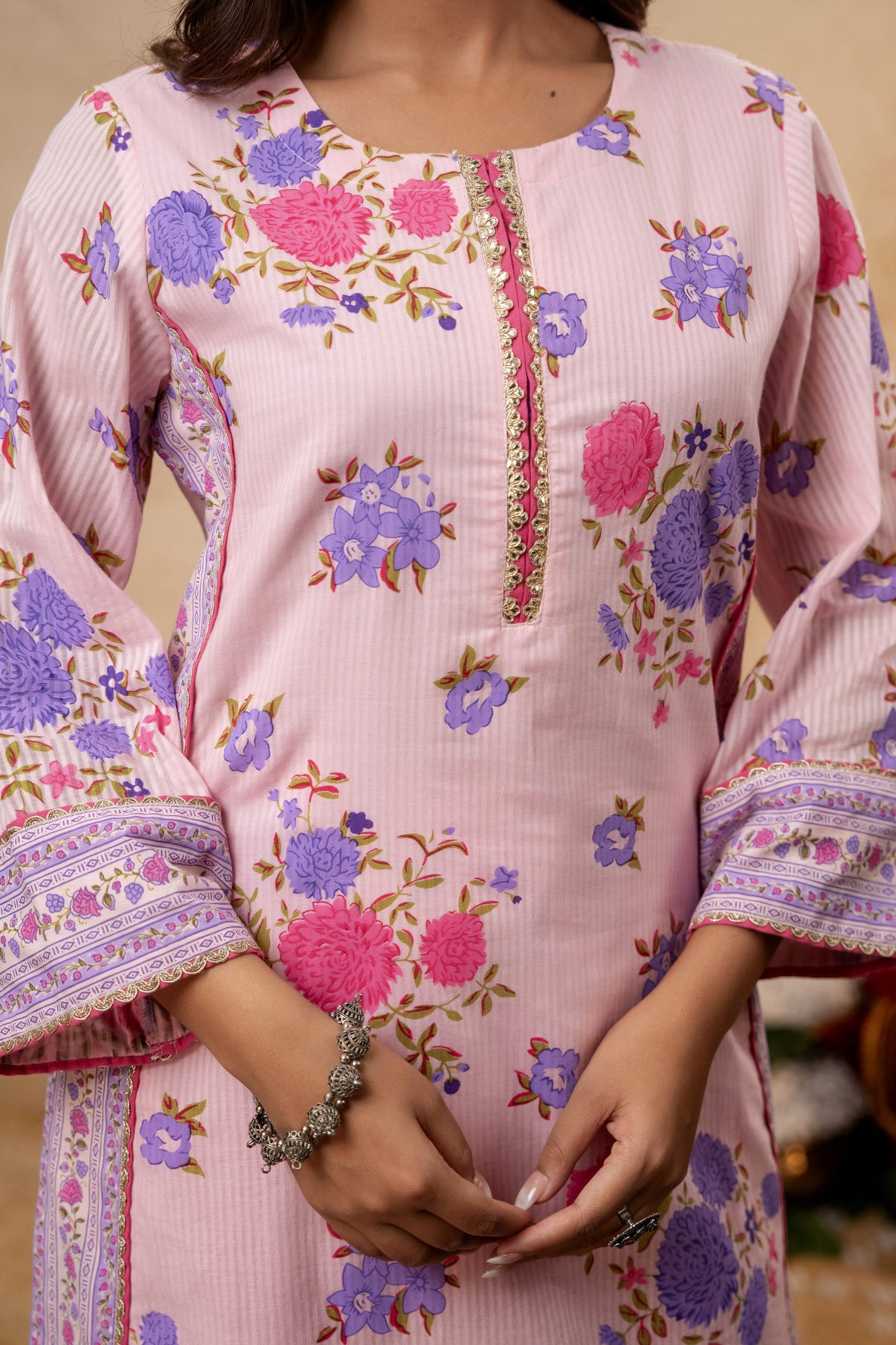 Pink Cotton Dobby Co-Ord Set with Lace Work