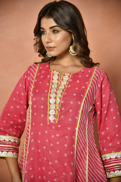 Rani pink festive embroidered Kota Doria suit set - back view - EKOHUM