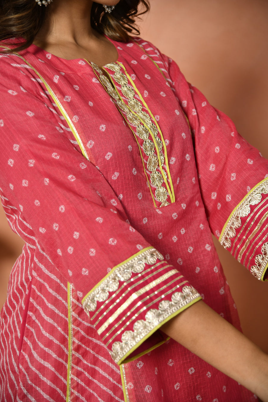 Rani pink festive embroidered Kota Doria suit set - detail shot - EKOHUM