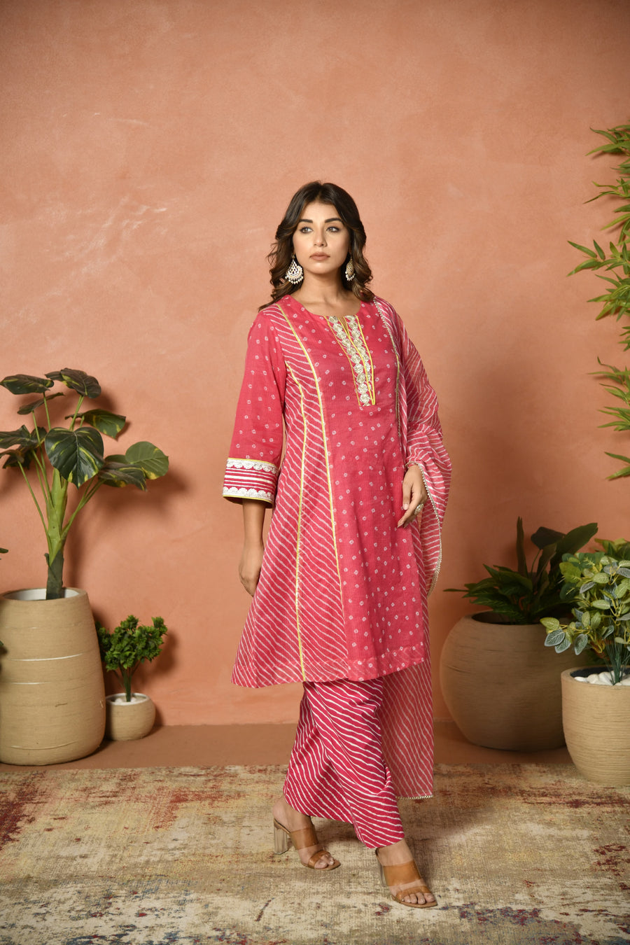 Rani pink festive embroidered Kota Doria suit set - full outfit - EKOHUM