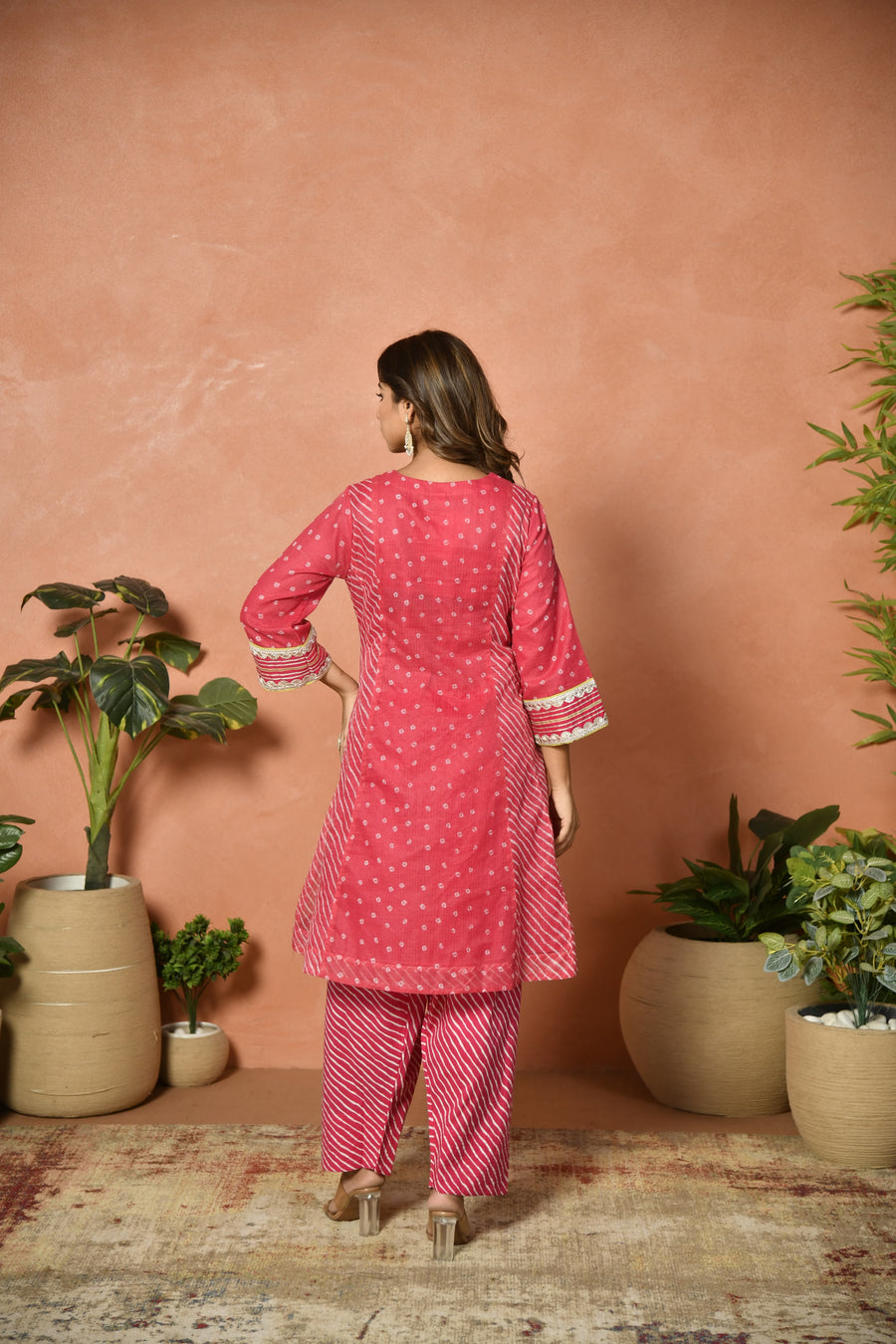 Rani pink festive embroidered Kota Doria suit set - side view - EKOHUM