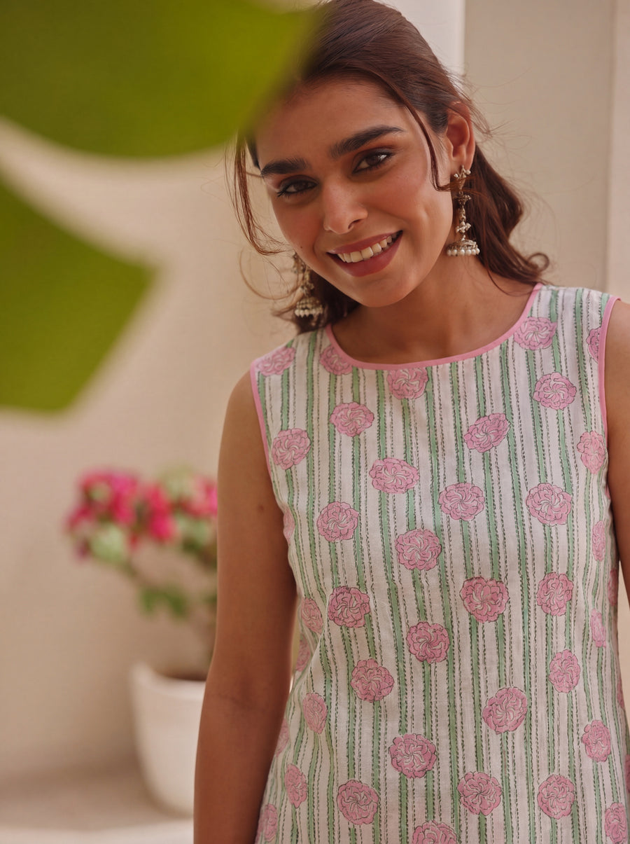 Green & Pink Block Print Cotton Kurta Pant with Kota Doria Dupatta