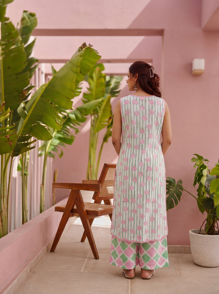 Green & Pink Block Print Cotton Kurta Pant with Kota Doria Dupatta