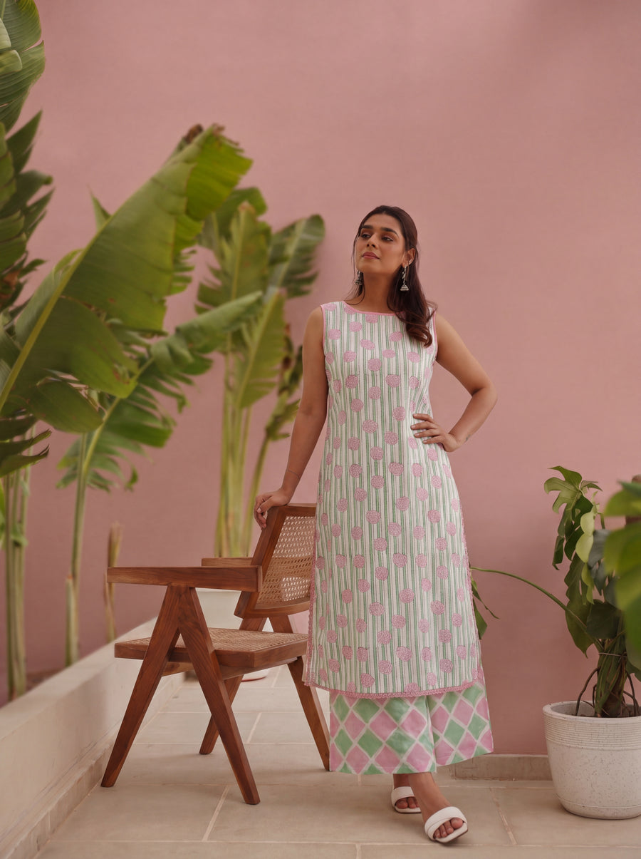 Green & Pink Block Print Cotton Kurta Pant with Kota Doria Dupatta