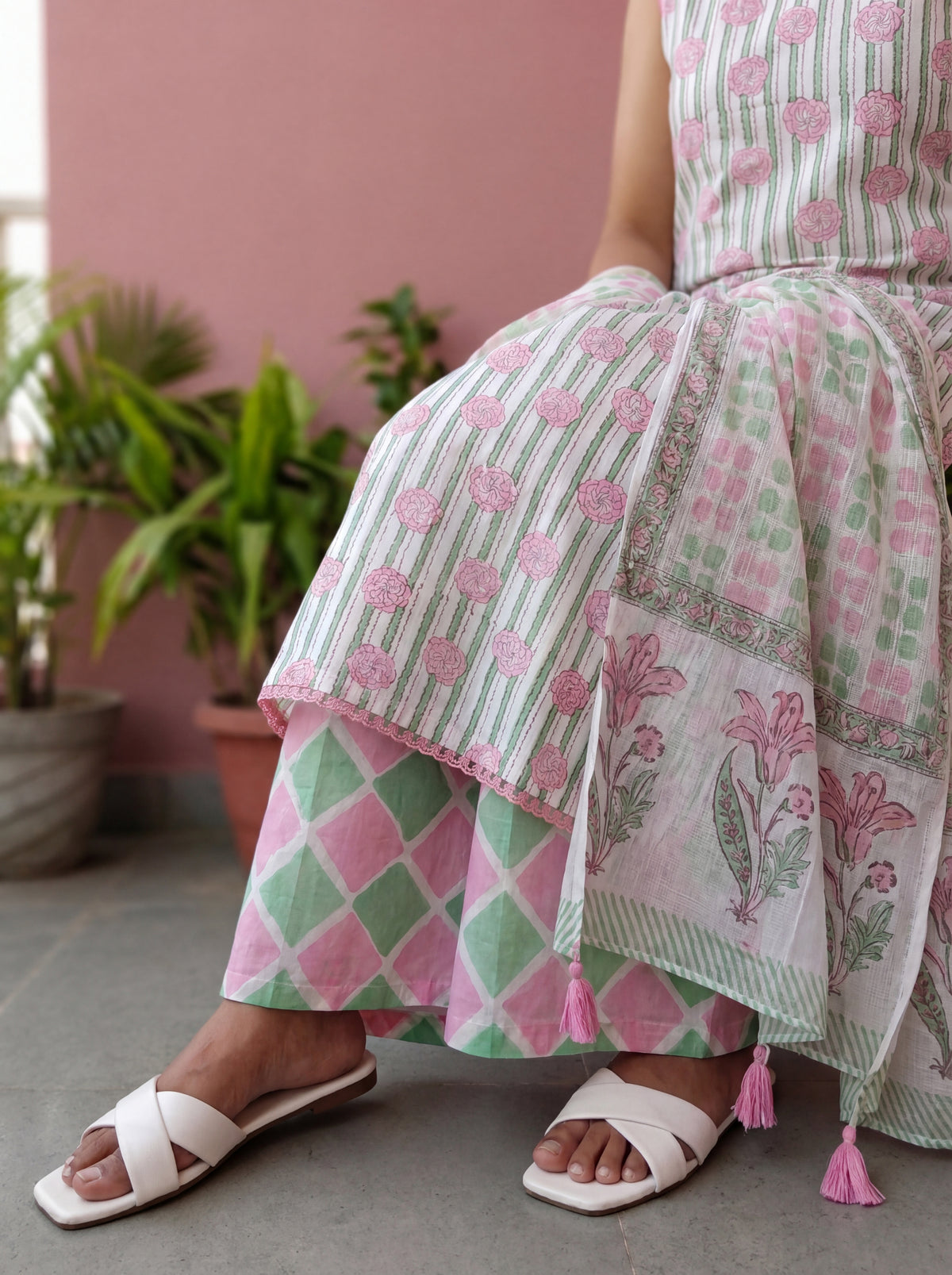 Green & Pink Block Print Cotton Kurta Pant with Kota Doria Dupatta