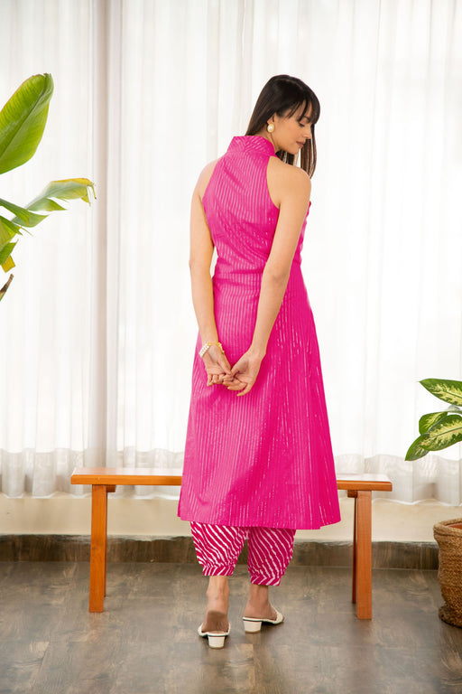 Pink Lurex A-Line Kurta with Afghani