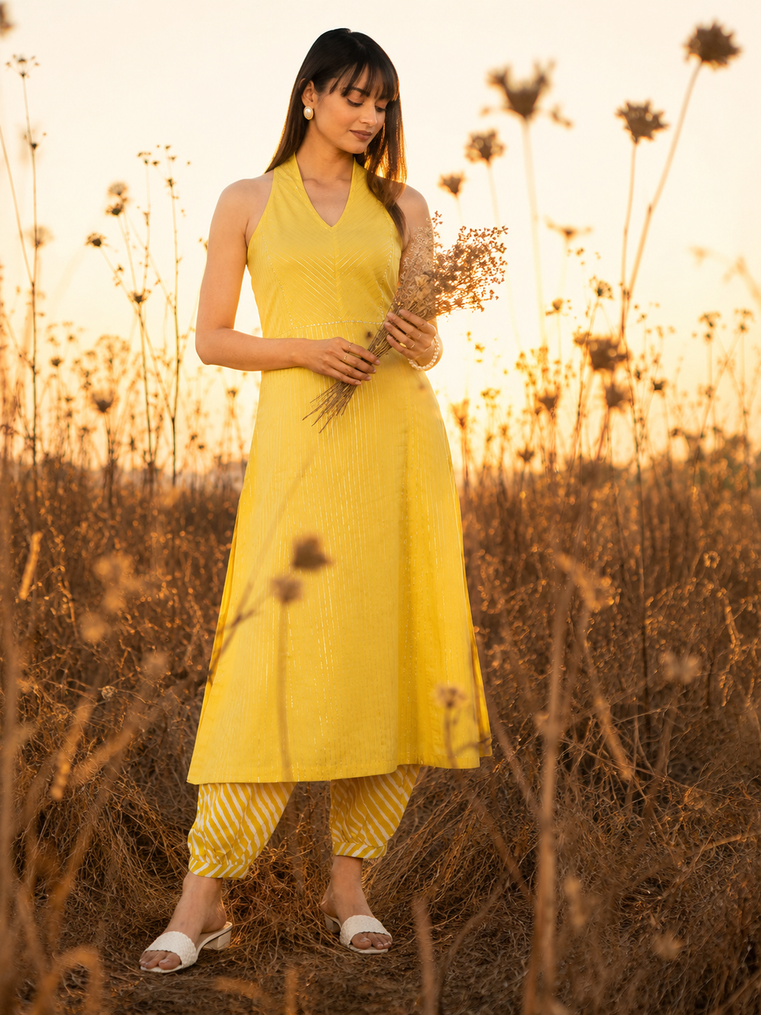 Yellow Lurex Fabric A-Line Kurta with Afghani Salwar
