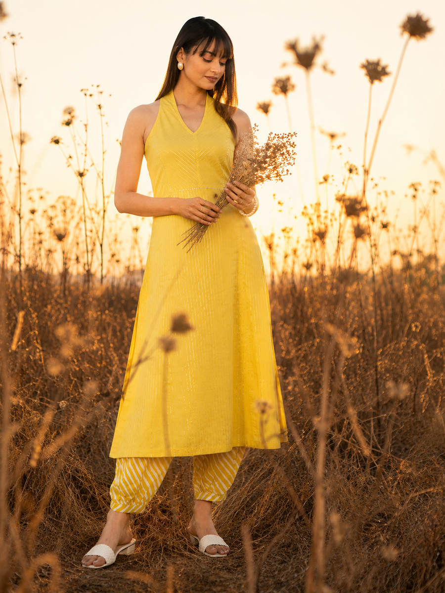 Yellow Lurex Fabric A-Line Kurta with Afghani Salwar