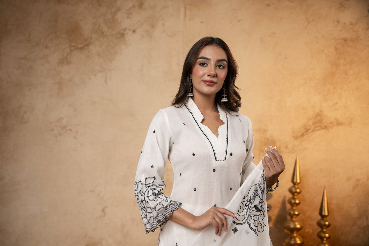 White Kota Doria Suit Set with Aplique & Thread Embroidery