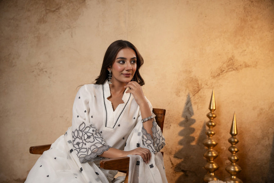 White Kota Doria Suit Set with Aplique & Thread Embroidery