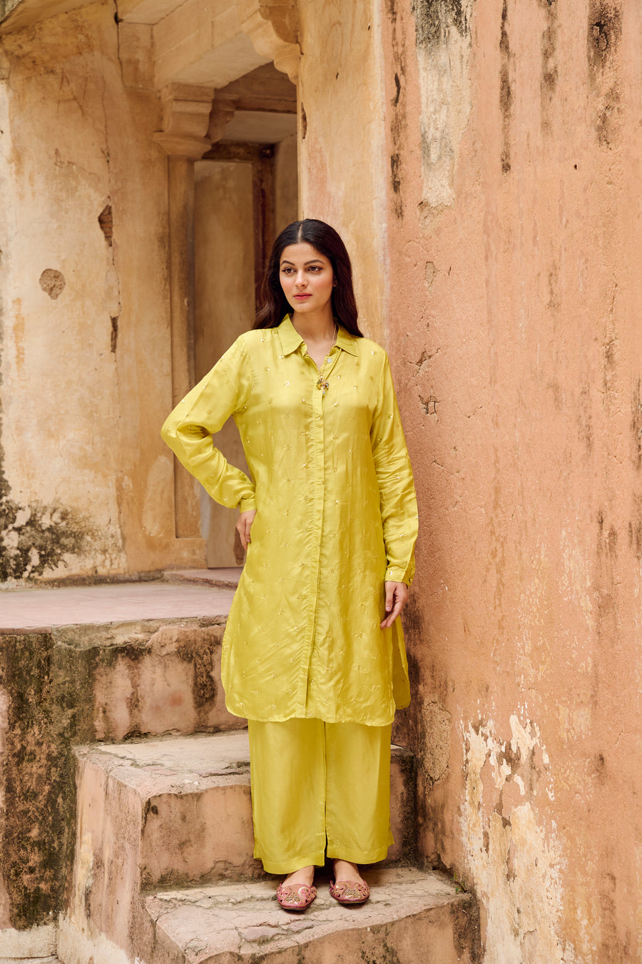 Lime Green Embroidered Silk Co-Ord Set