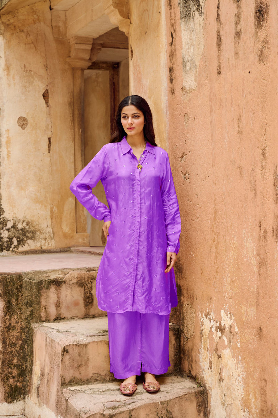 Purple Embroidered Silk Co-Ord Set
