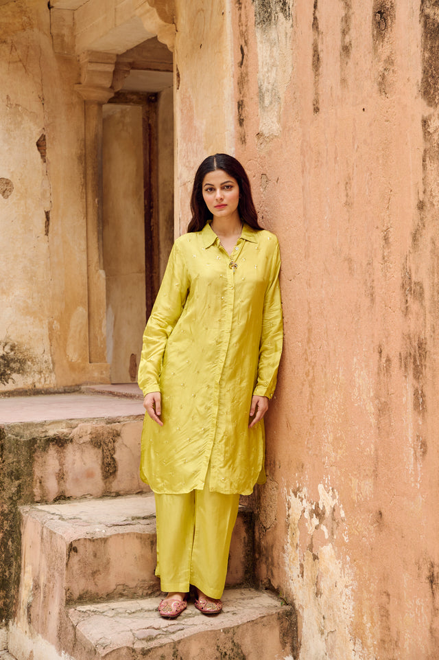 Lime Green Embroidered Silk Co-Ord Set