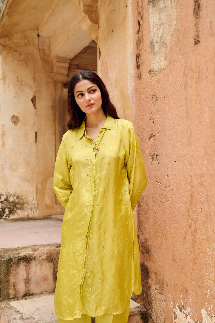 Lime Green Embroidered Silk Co-Ord Set