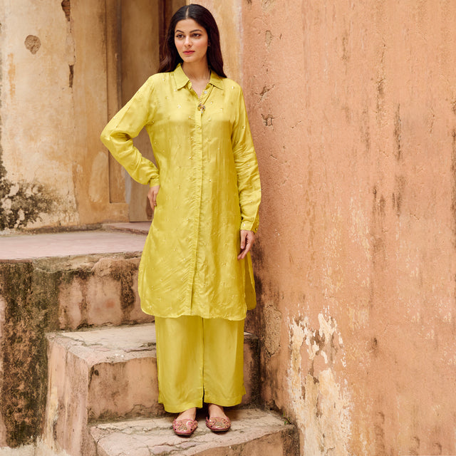Lime Green Embroidered Silk Co-Ord Set