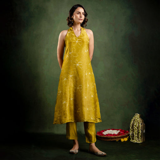 Mustard Shimmer Crepe Halter Neck Co-Ord Set