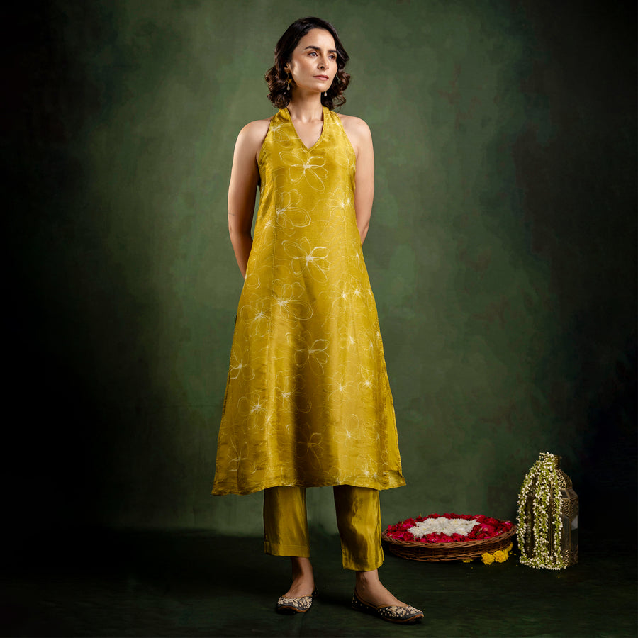 Mustard Shimmer Crepe Halter Neck Co-Ord Set