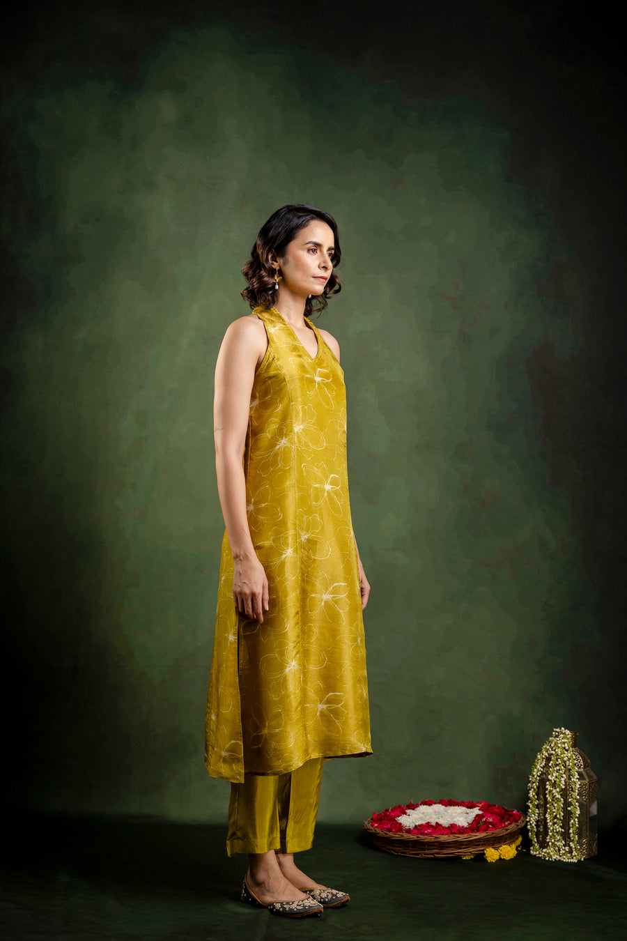 Mustard Shimmer Crepe Halter Neck Co-Ord Set
