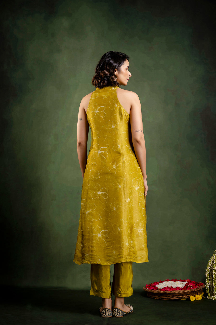 Mustard Shimmer Crepe Halter Neck Co-Ord Set