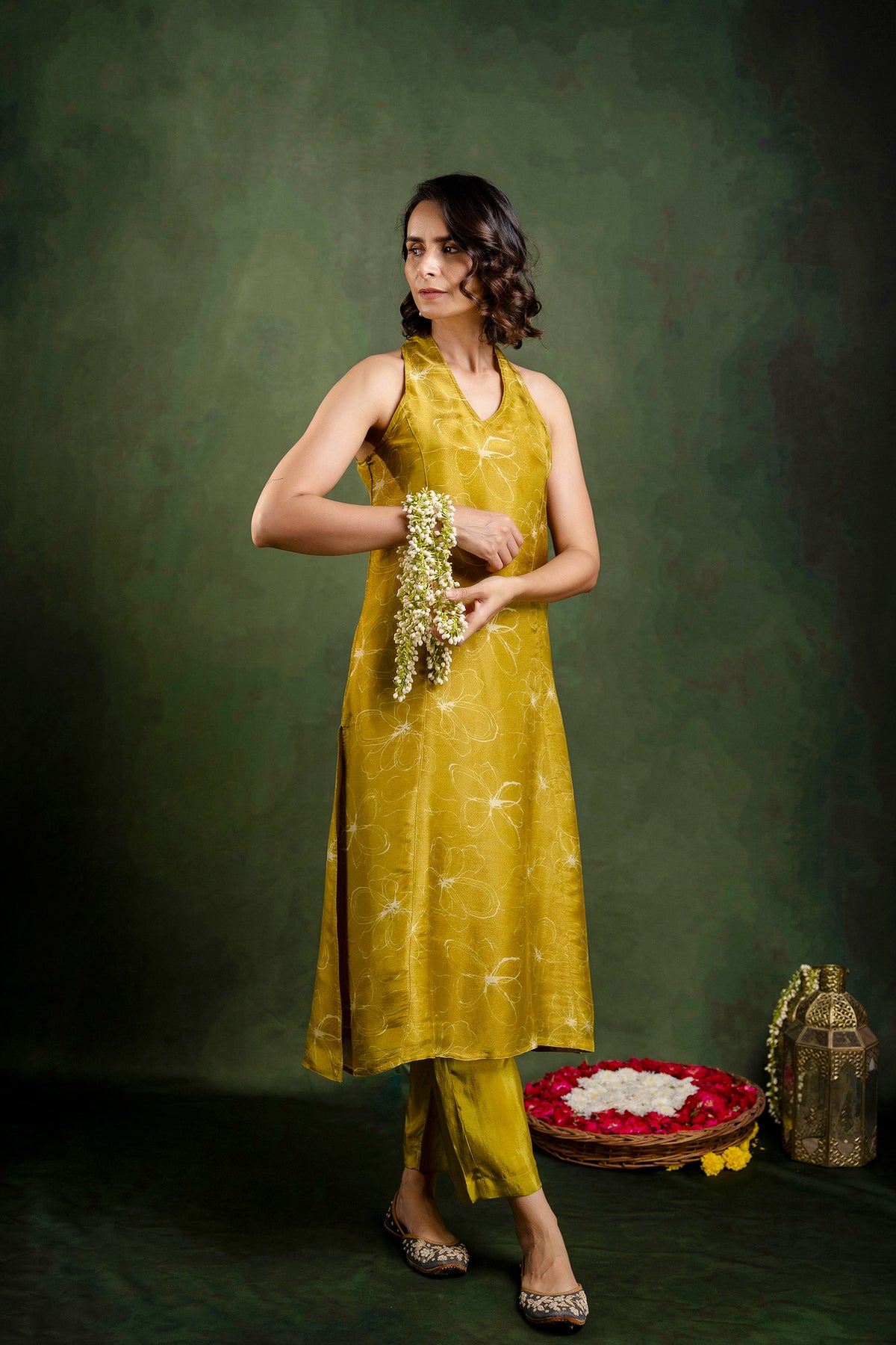 Mustard Shimmer Crepe Halter Neck Co-Ord Set