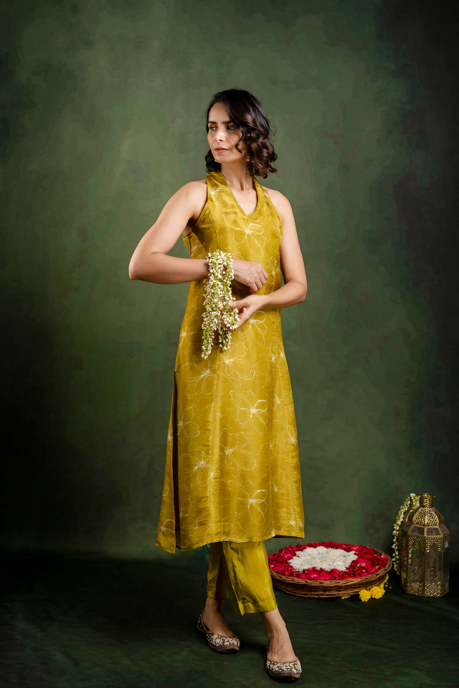 Mustard Shimmer Crepe Halter Neck Co-Ord Set