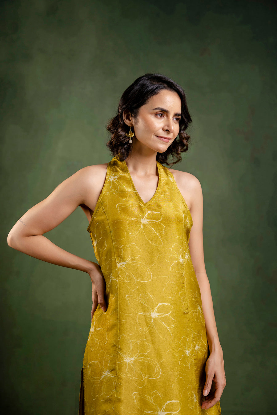 Mustard Shimmer Crepe Halter Neck Co-Ord Set