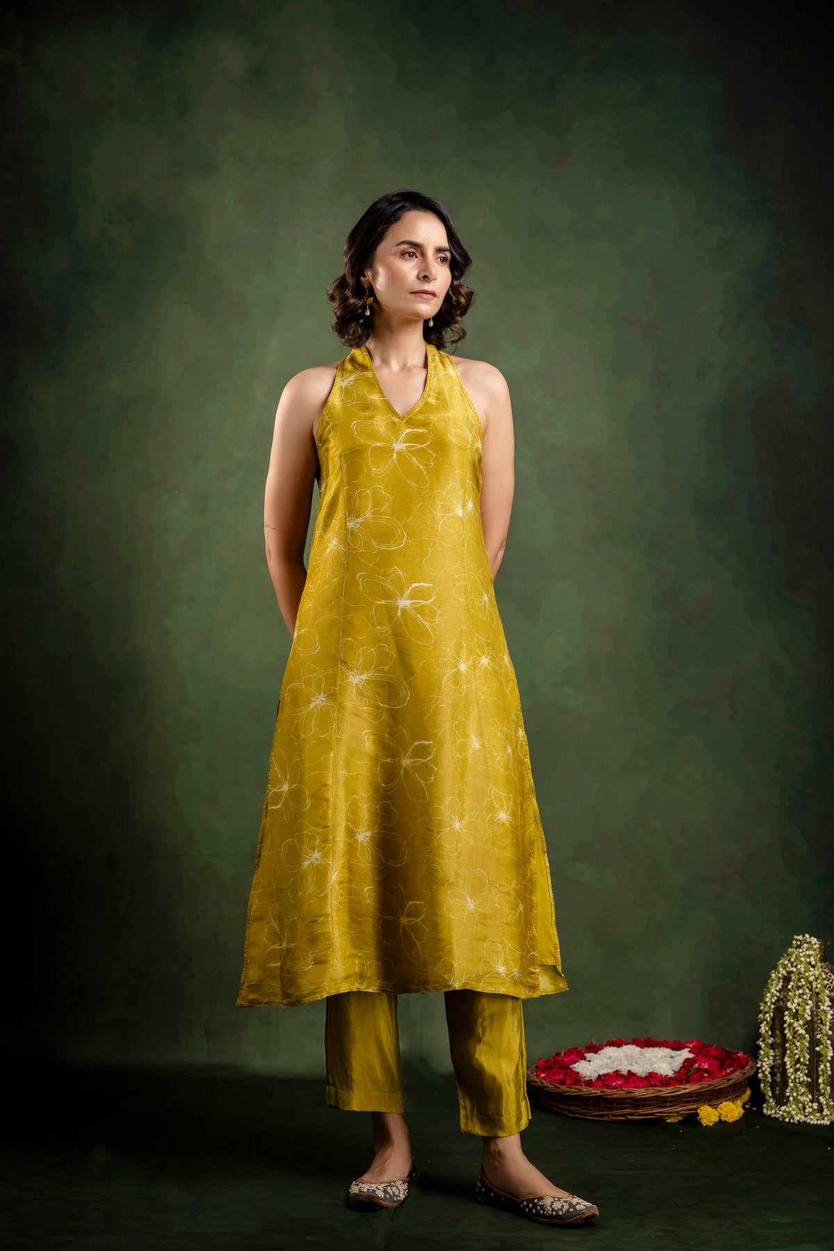 Mustard Shimmer Crepe Halter Neck Co-Ord Set