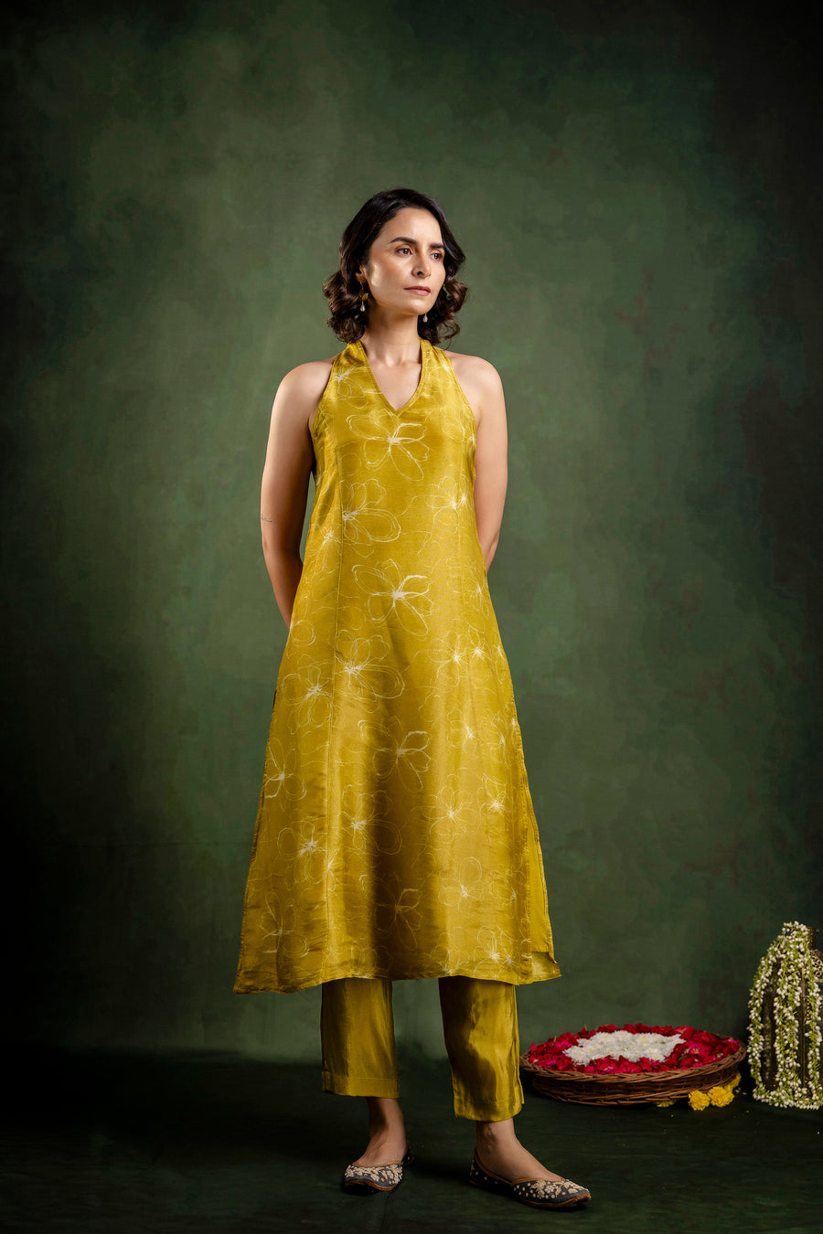 Mustard Shimmer Crepe Halter Neck Co-Ord Set