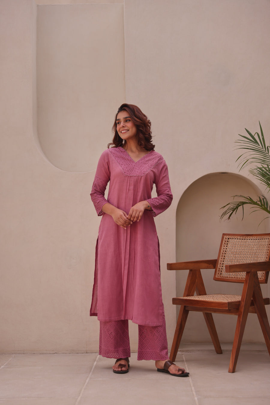 Wine Schiffli Dobby Cotton Pearl Work Co-Ord Set
