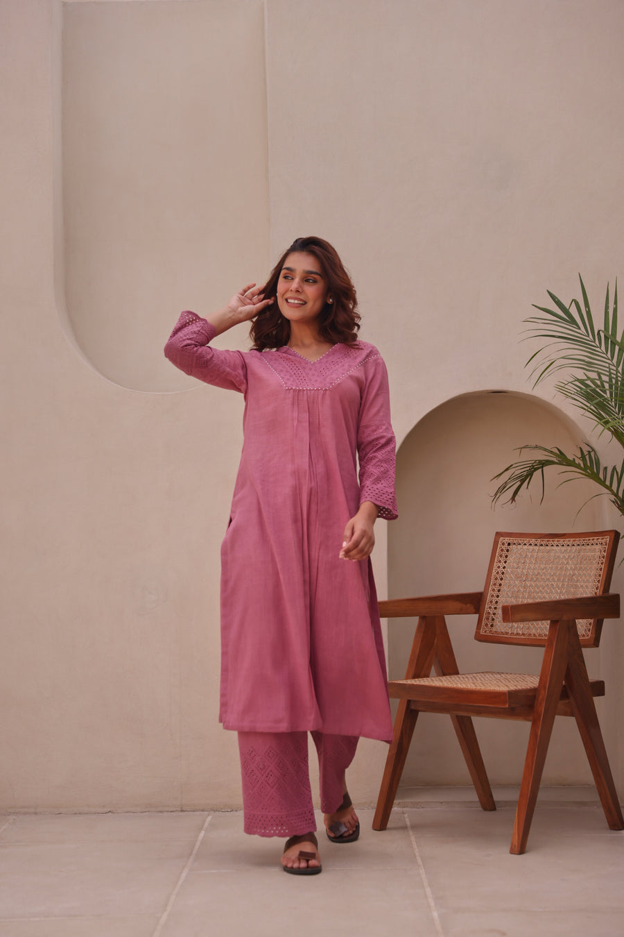 Wine Schiffli Dobby Cotton Pearl Work Co-Ord Set