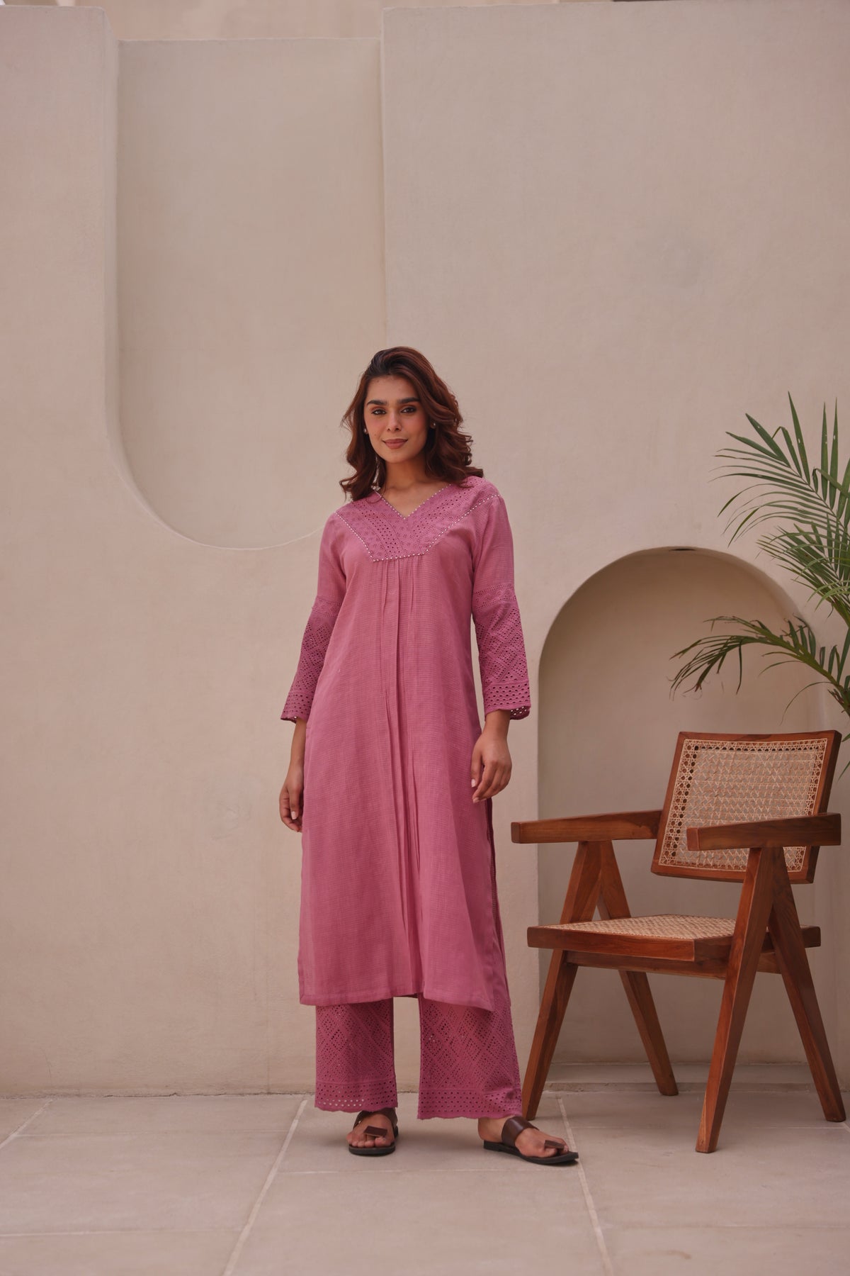 Wine Schiffli Dobby Cotton Pearl Work Co-Ord Set
