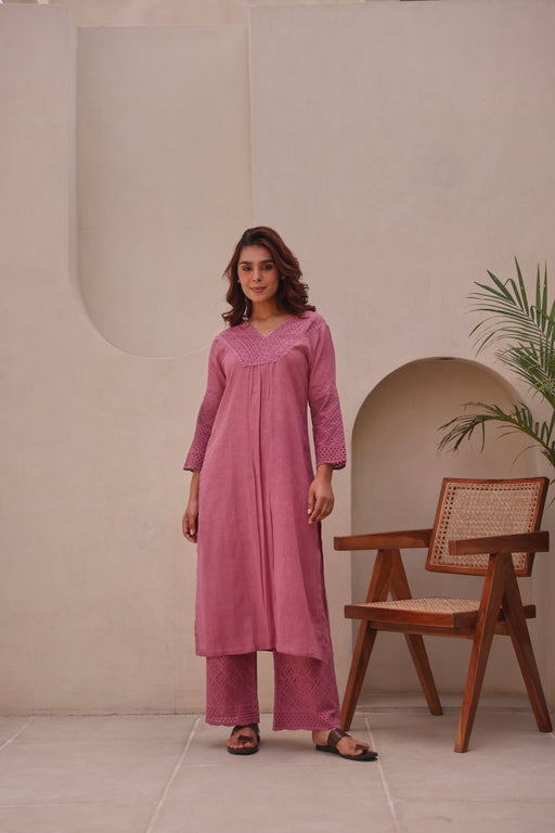 Wine Schiffli Dobby Cotton Pearl Work Co-Ord Set