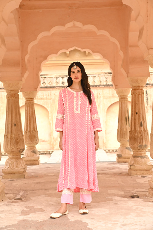 Pink Lace Work Modal Kurta Pant Set