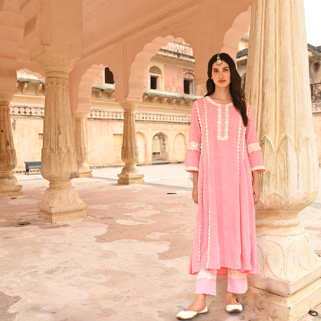 Pink Lace Work Modal Kurta Pant Set