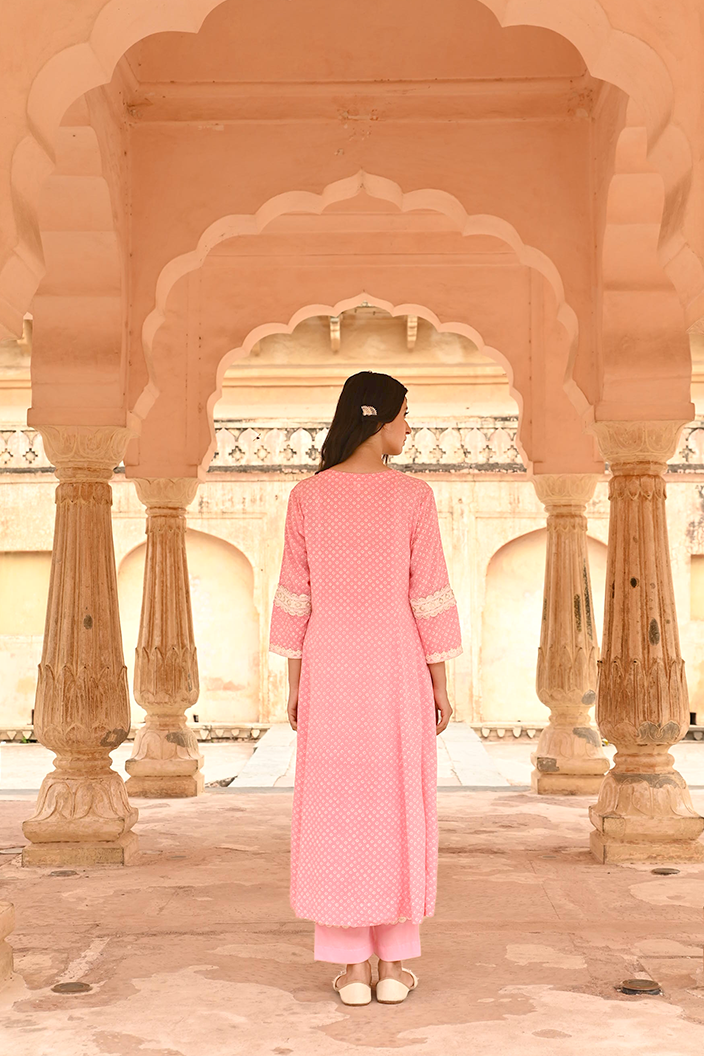 Pink Lace Work Modal Kurta Pant Set