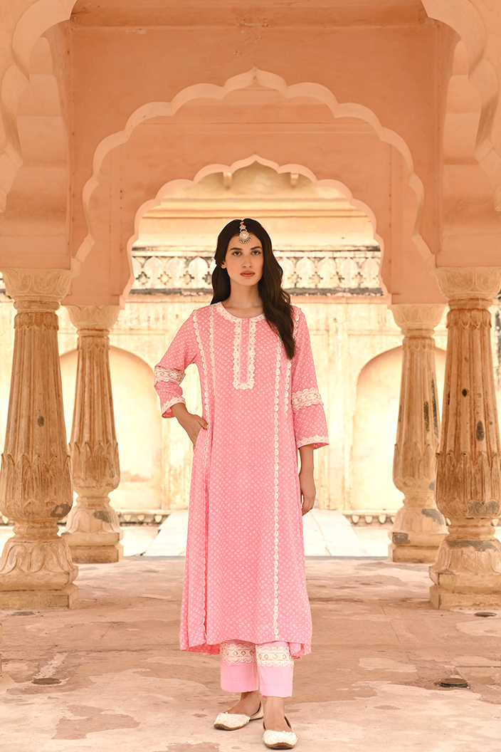 Pink Lace Work Modal Kurta Pant Set