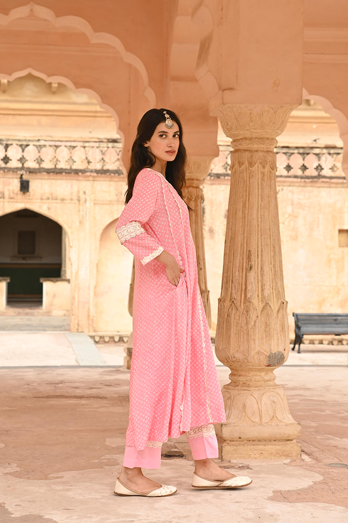 Pink Lace Work Modal Kurta Pant Set