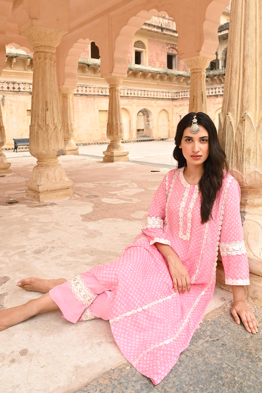 Pink Lace Work Modal Kurta Pant Set