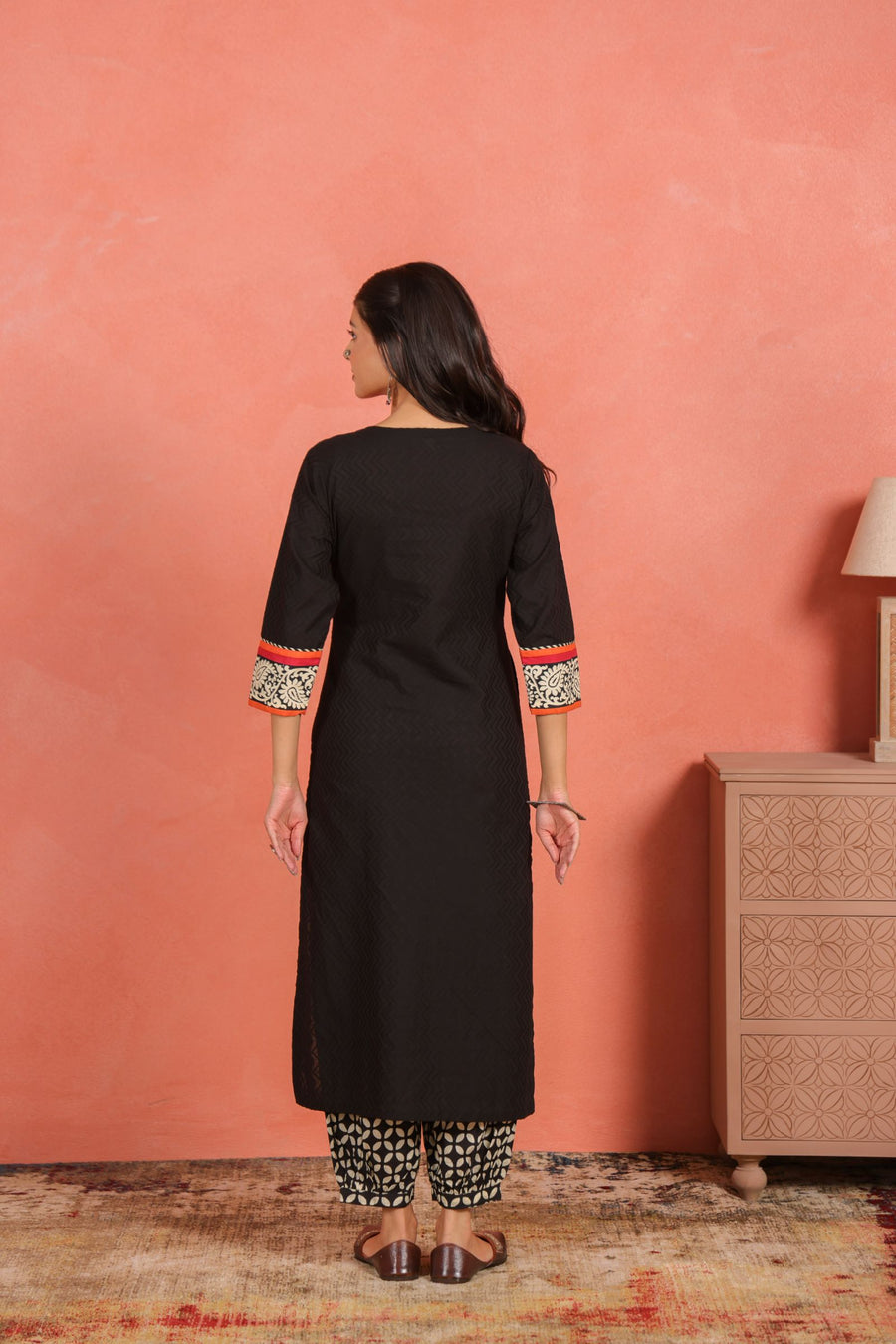 Black Cotton Dobby Kurta Set with Kantha Embroidery